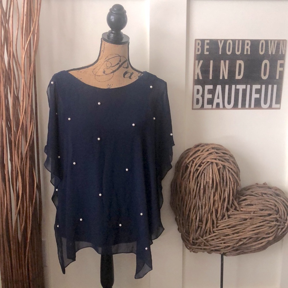 MSK Sheer Navy Pearl Layered Poncho Top
